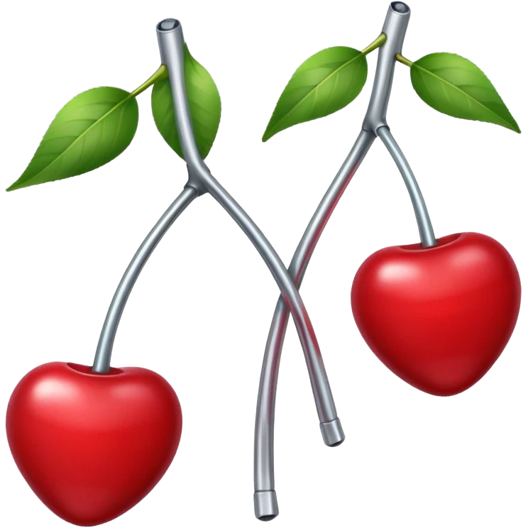 A pair of cherries emoji made of polished silver chrome, smooth rounded shapes, glossy metallic finish, soft highlights and reflections, cute proportions, iOS emoji style, centered, clean white background, no text emoji
