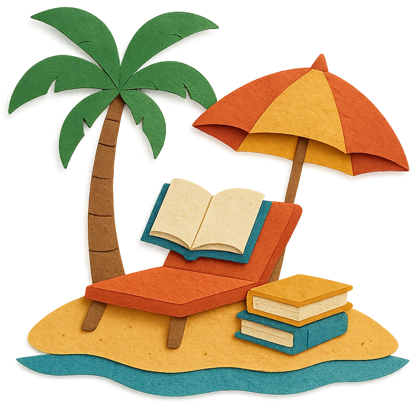 cozy beach reading nook with books, umbrella, and palm tree, layered paper effect, paper-craft style emoji