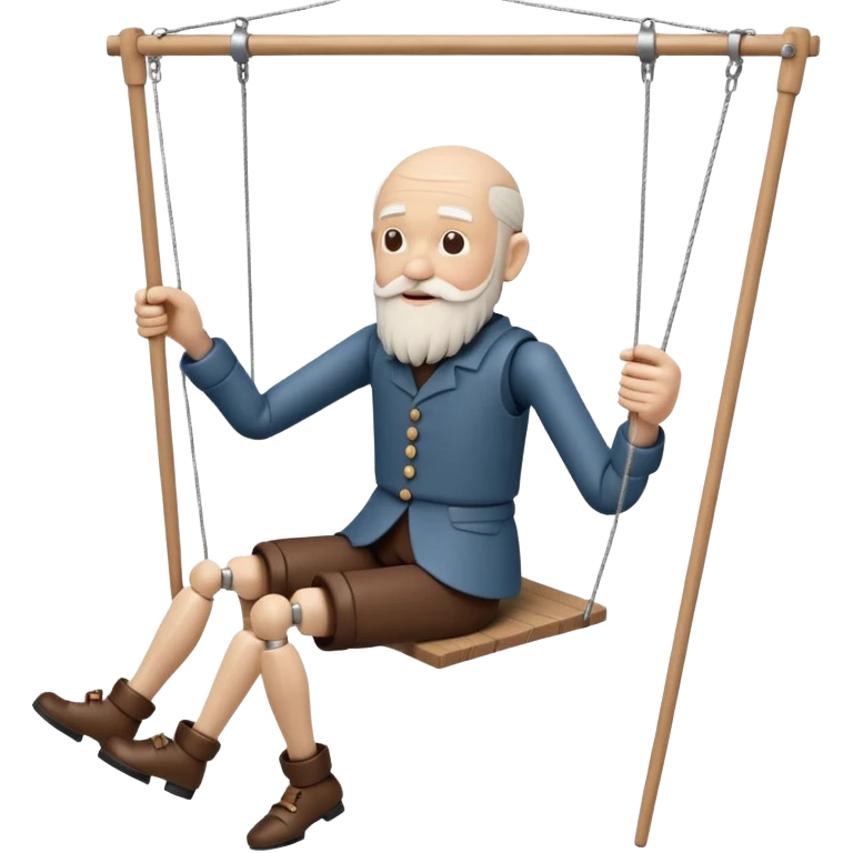 3D render of Old Man Puppet as a wooden marionette puppet, Carved wood beard, silver metal screw joints at elbows and knees, polished brown wood texture, rigid toy pose, emoji style, isolated on white background --v 6.0. emoji
