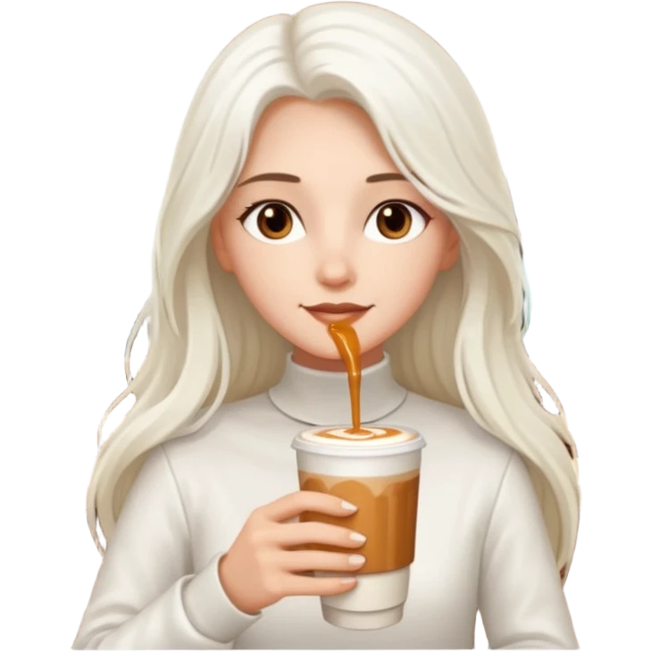 white long haired brunette with brown eyes and a white outfit, drinking a caramel machiatto emoji