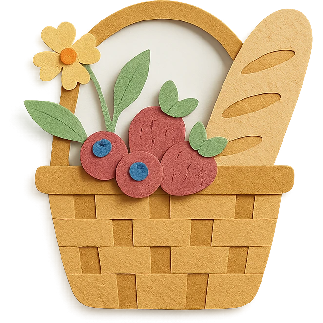 picnic basket with berries, bread, and flowers in warm pastel shades, paper-craft style emoji