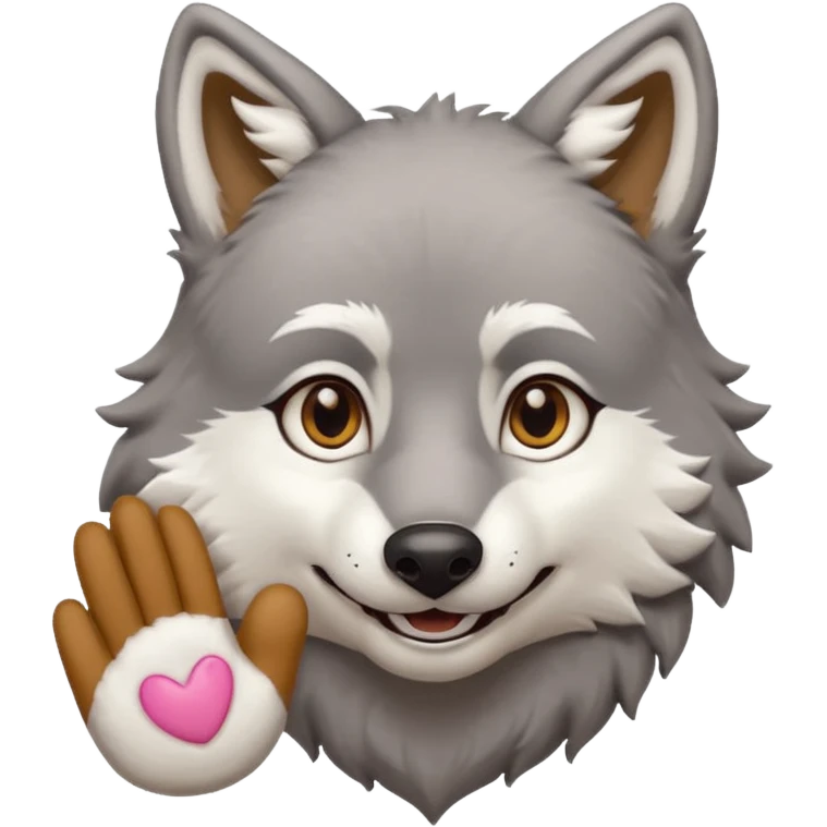 male gray wolf with brown eyes, wearing a white dishdasha, happy face, right hand visible, furry fursuit look emoji style icon emoji