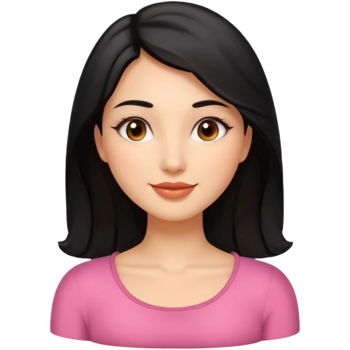 Feminine woman Softly rounded, healthy face — slightly curvy and feminine, not overweight.
Warm tan skin, brown eyes with long lashes, full glossy lips, gentle smile.
Shoulder-length black hair framing the face.
Clean, polished emoji look, soft shading, neutral background. emoji