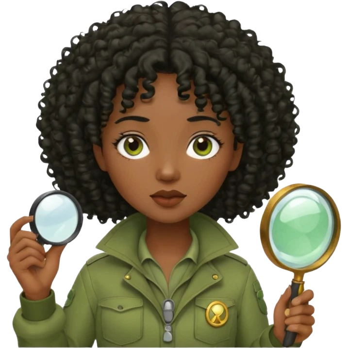 dark skin curly black haired woman in moss green explorer outfit, holding magnifying glass emoji