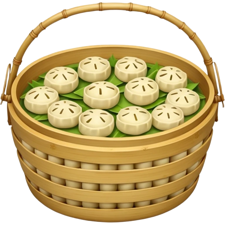 A bamboo steamer basket filled with tiny dumplings. emoji