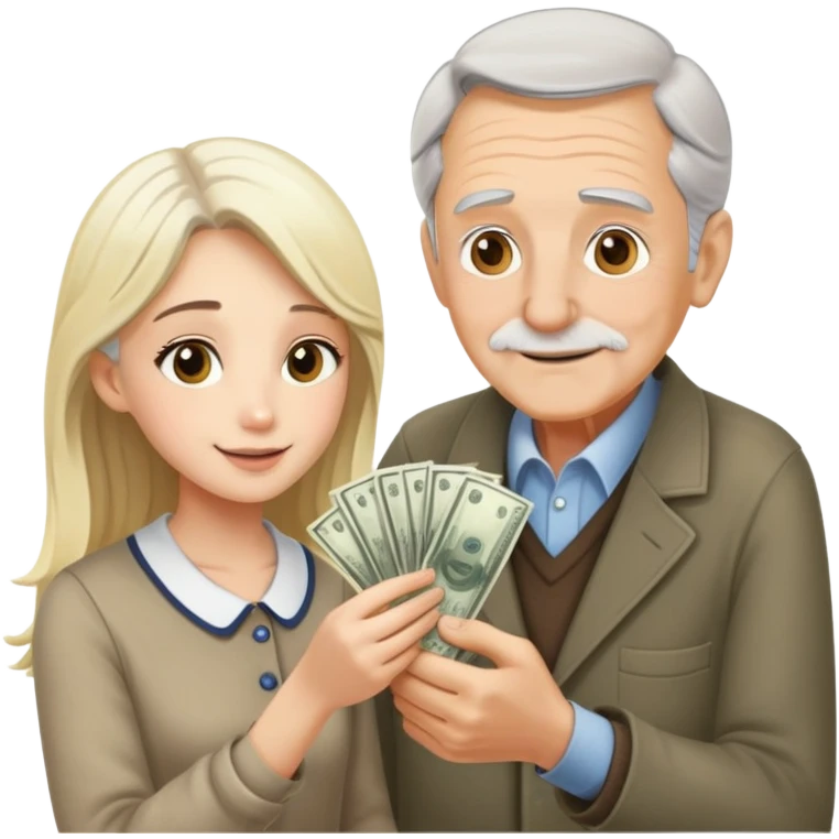 Kind elderly grandfather with gray hair giving money to a pretty blonde young woman who needs financial help, supportive family moment emoji