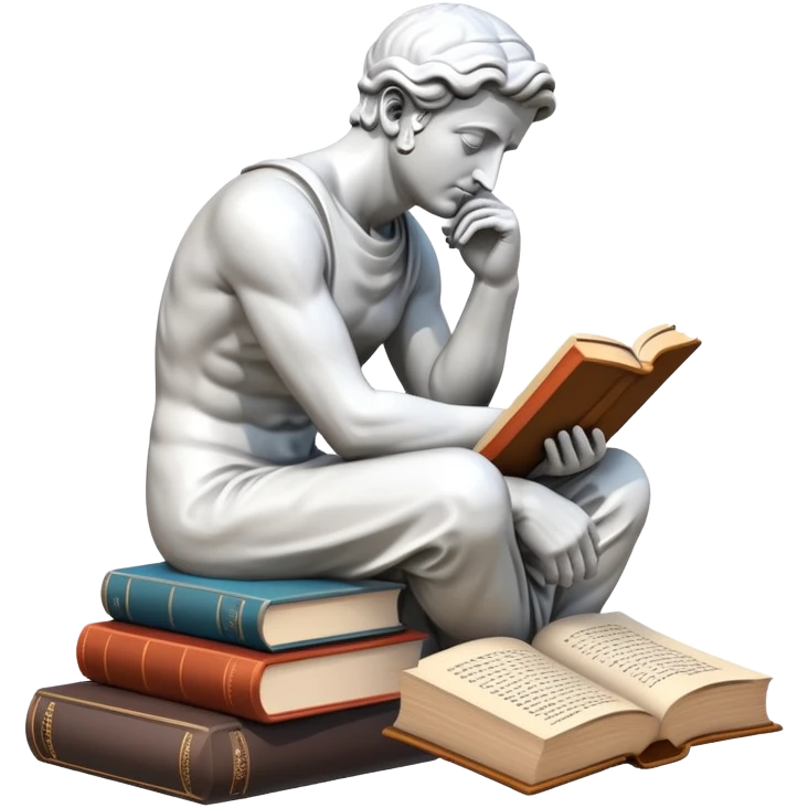 An icon featuring a Thinker statue, a scroll, symbolizing philosophy. The design includes books and abstract symbols representing deep thought and wisdom. Transparent background highlights the study of ideas, logic, and existential questions emoji