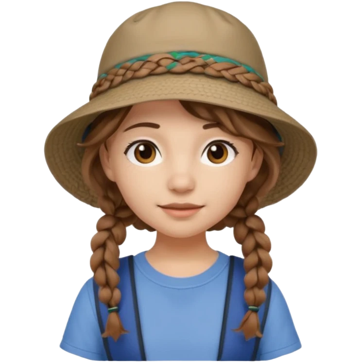 a young student girl with the backpack with bucket hat, brown wavy braided hair emoji