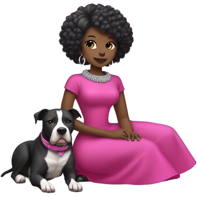 Black lady with black hair wearing hot pink dress hugging large all grey pitbull with spiked pink collar emoji