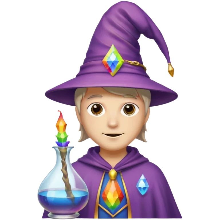 costume, wearing wizard hat custome, with glass vase, rainbow emoji