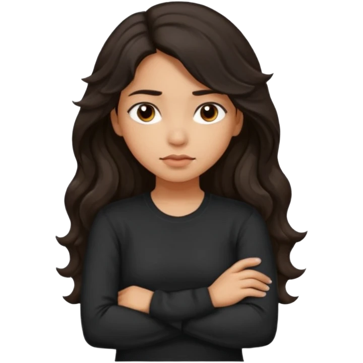 Hispanic girl with dark long wavy hair crossing her arms with slight pout wearing a black long sleeve shirt emoji