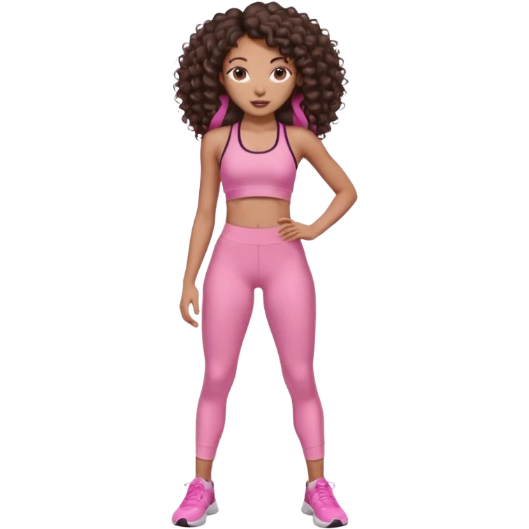 Uma menina negra da pele clara magra definida com roupa de academia rosa, com cabelo cacheados  todo castanho escuro bem grande até a bunda sem muito volume no cabelo emoji