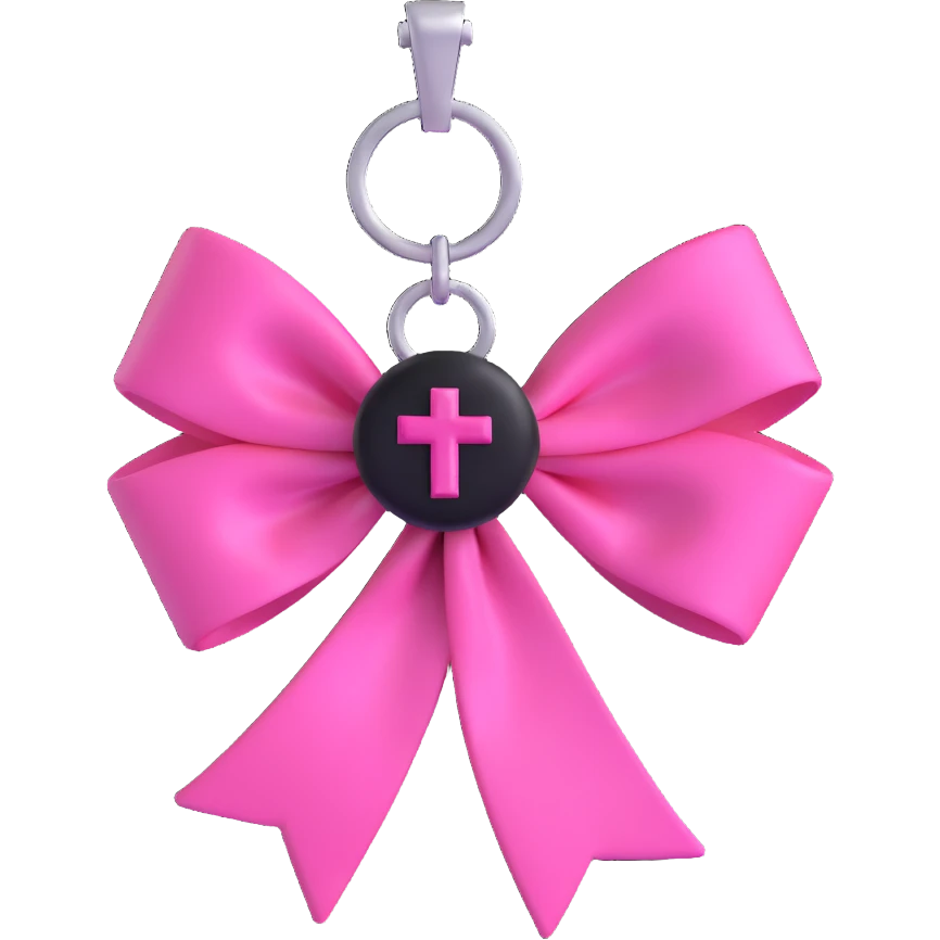 3D emoji style pink bow with gothic effect, hot pink satin, black velvet center, and silver cross charm emoji