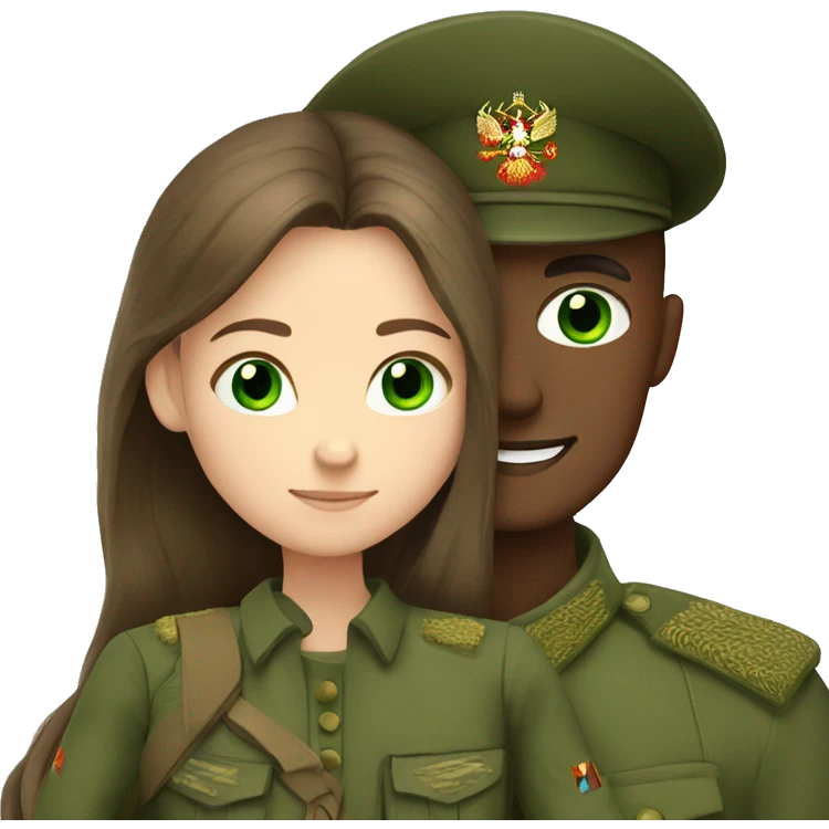 russian soldier with green eyes hug girl with green eyes and long brown hair emoji
