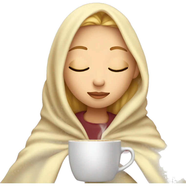girl with blonde hair inside a blanket sipping coffee eyes closed emoji