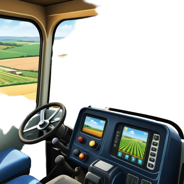 a view from the tractor cabin, with the dashboard in focus, overlooking a vibrant rural landscape. Inspired by Farming Simulator 22, the scene includes fields, crops, and distant barns under a bright sky. The design highlights the immersive experience of farm management. transparent background emoji