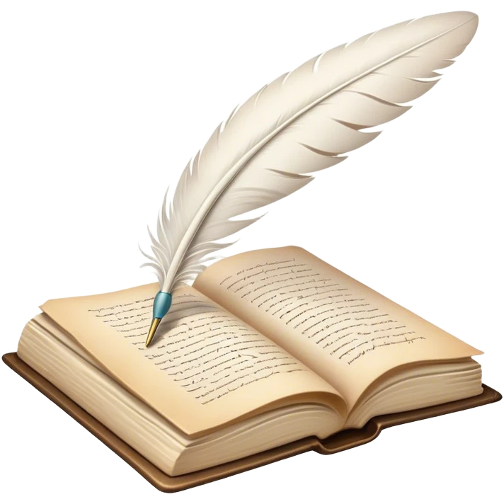 Create a poetic and elegant emoji representing poetry. The design should feature several, gracefully flying pages with short, poetic columns written on them. A white feather quill should be depicted writing on one of the pages, with ink flowing smoothly. The pages should have a soft, antique look, with subtle details to convey the delicate nature of poetry. Use soft, light colors with a romantic, airy feel. Make the background transparent. emoji