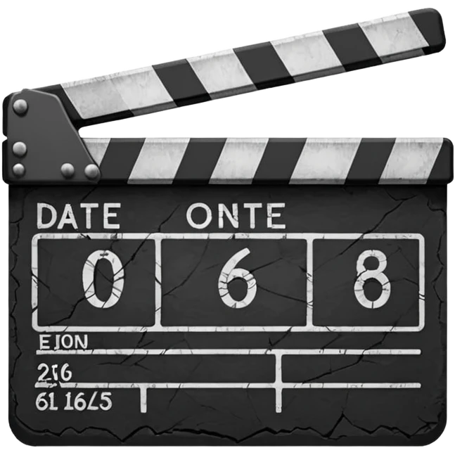 Minimalist emoji-style sticker of a cracked movie clapperboard with the date “06/06/66”, faint scorched marks, all in grayscale


 emoji