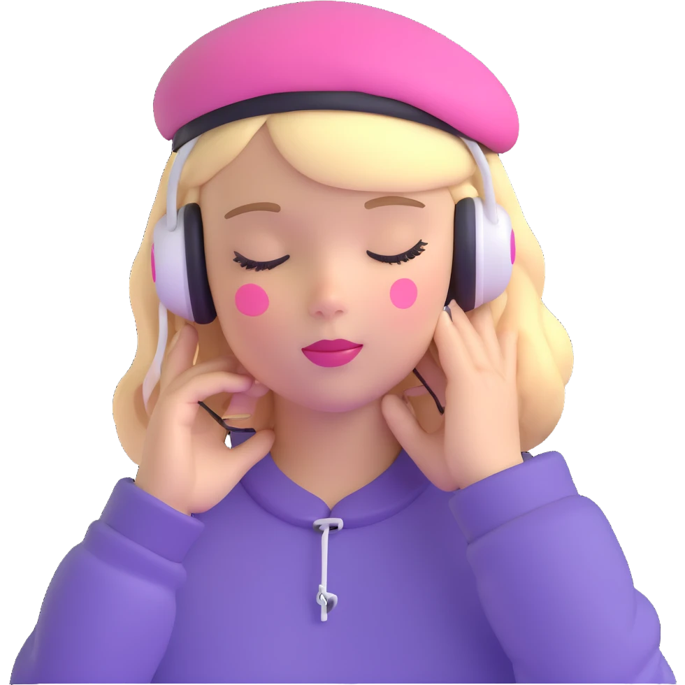 blonde American girl wearing a pink beret and AirPods Max headphones, listening to music with closed eyes emoji