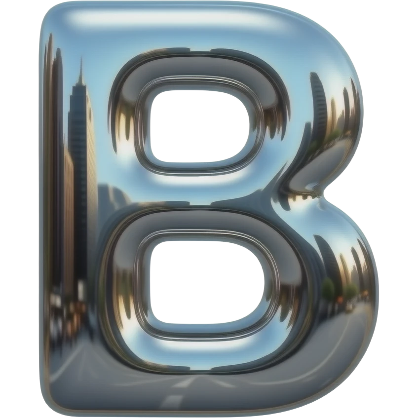 A hyper-realistic letter 'B' made of flowing, high-polish liquid chrome. Distorted reflections of a dark urban cityscape, sharp contrast, 8k resolution, 'Terminator' style aesthetic, clean and aggressive emoji