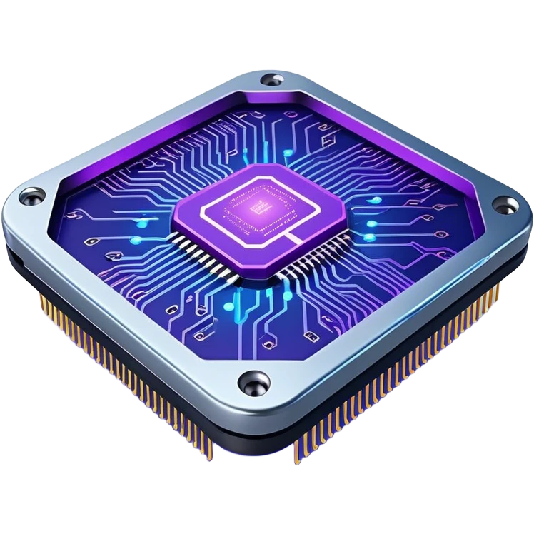 Emoji: A high-tech microchip labeled ‘Roxson AI’ with glowing circuits and neural network connections. The design is sleek, futuristic, and minimalistic, featuring cyberpunk-style blue and neon purple lighting emoji