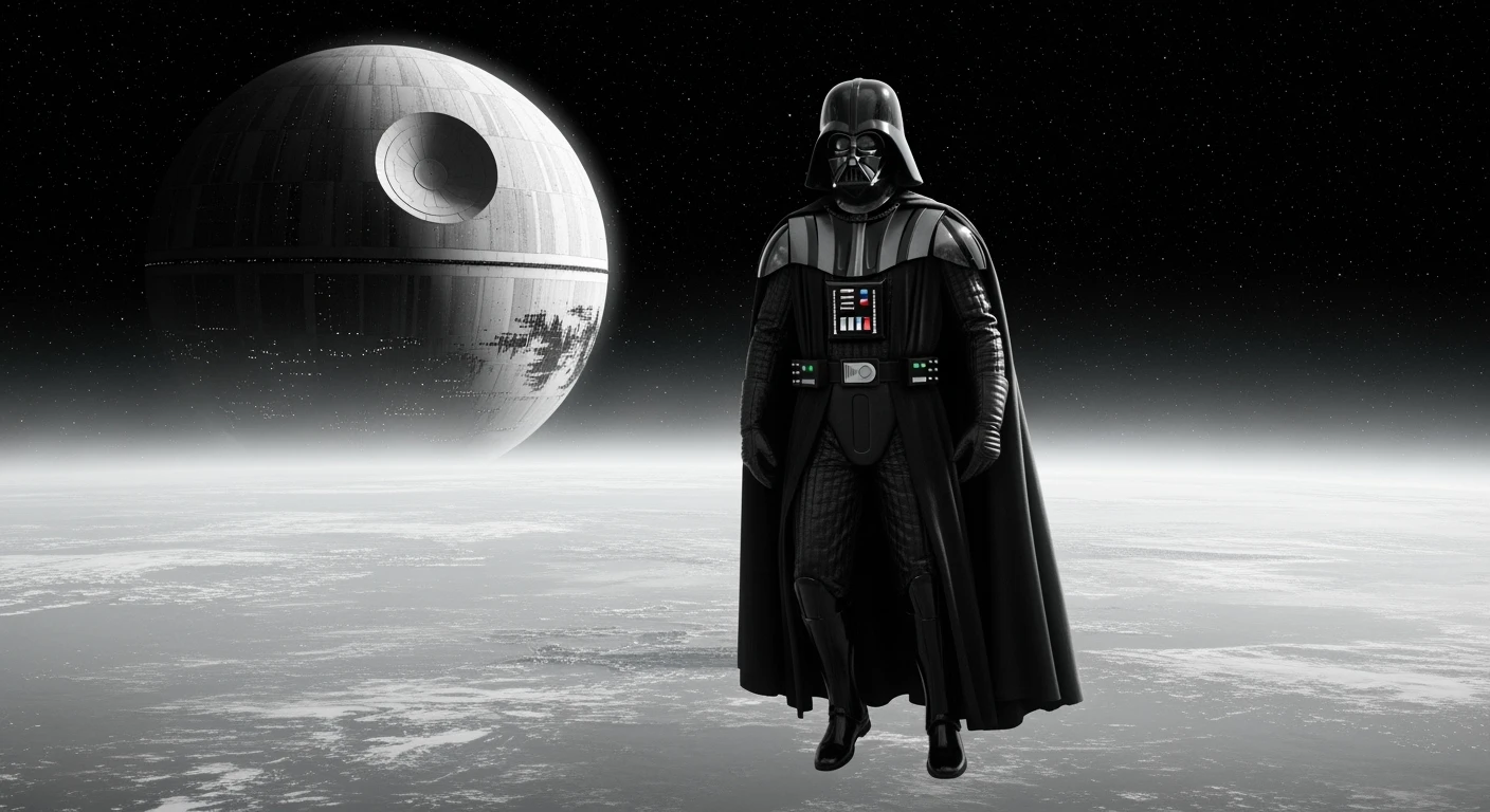 cinematic still, documentary photography, space and death star, well lit scene, Darth Vader floating in space, close up, front shot, rule of thirds emoji