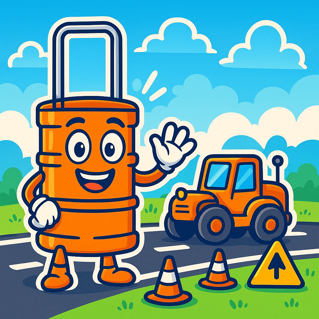 Make a fun cartoon scene with the orange road construction barrel as the main character. Add a bright, playful background with a road, some traffic cones, and a blue sky with clouds in the style of cartoonish stickers. emoji