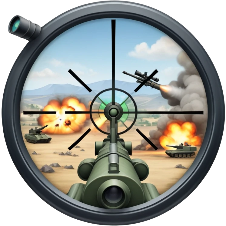 An icon symbolizing first-person shooter games. The design features a circular sniper scope view with crosshairs aimed at a distant target. The background shows a battlefield with soldiers and explosions, capturing the action-packed intensity of FPS games. Transparent background. emoji