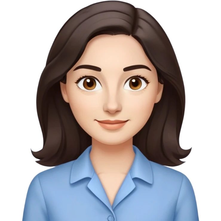 Professional woman in her 30s with light complexion, oval face, gentle features, large dark brown eyes, well-formed medium eyebrows, small nose, warm friendly smile, long slightly wavy dark brown hair with soft volume, wearing a light blue dress shirt emoji