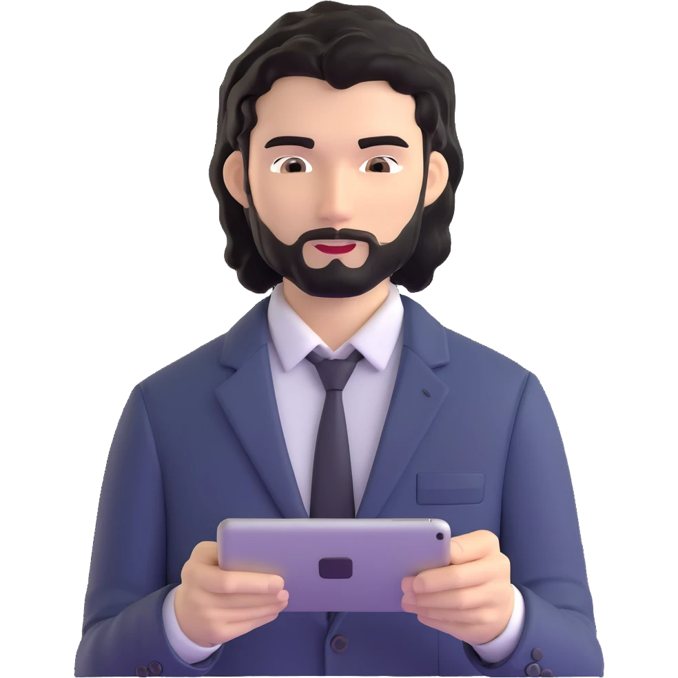 Business strategist with black wavy hair, stubble, chiseled face, wearing blazer and button-up shirt, working on digital devices, surrounded by data visualizations and AI technology, innovative tech-savvy expression emoji