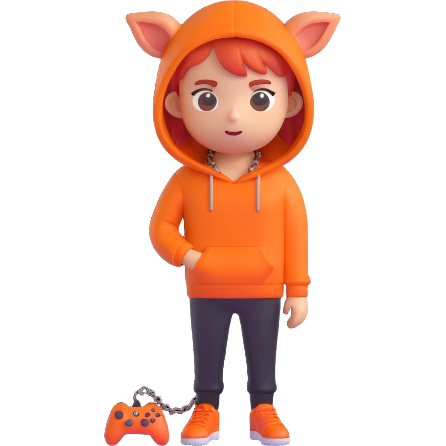 person with bacon hair, very small head, orange hoodie, black trousers, orange shoes, gamer chain around head, 3D emoji style emoji