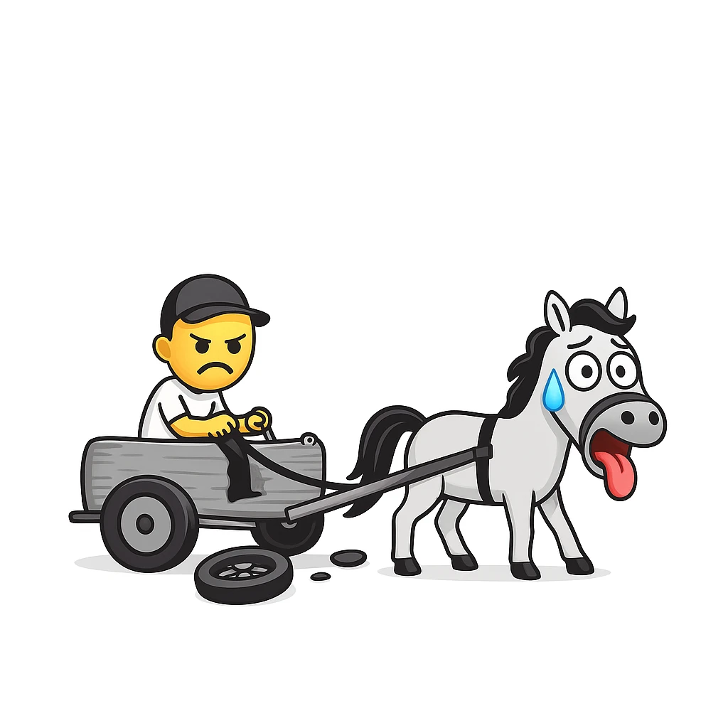Make the horse cart look broken and add funny, exaggerated emoji expressions to the horse and cart. Keep the style consistent. The style is emoji style. emoji