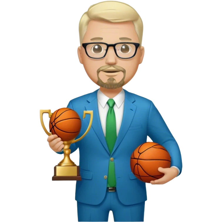 Full Body white fat male  wearing glasses with a goatee with light blonde gray very short hair basketball head Coach in blue and green suit holding trophy emoji