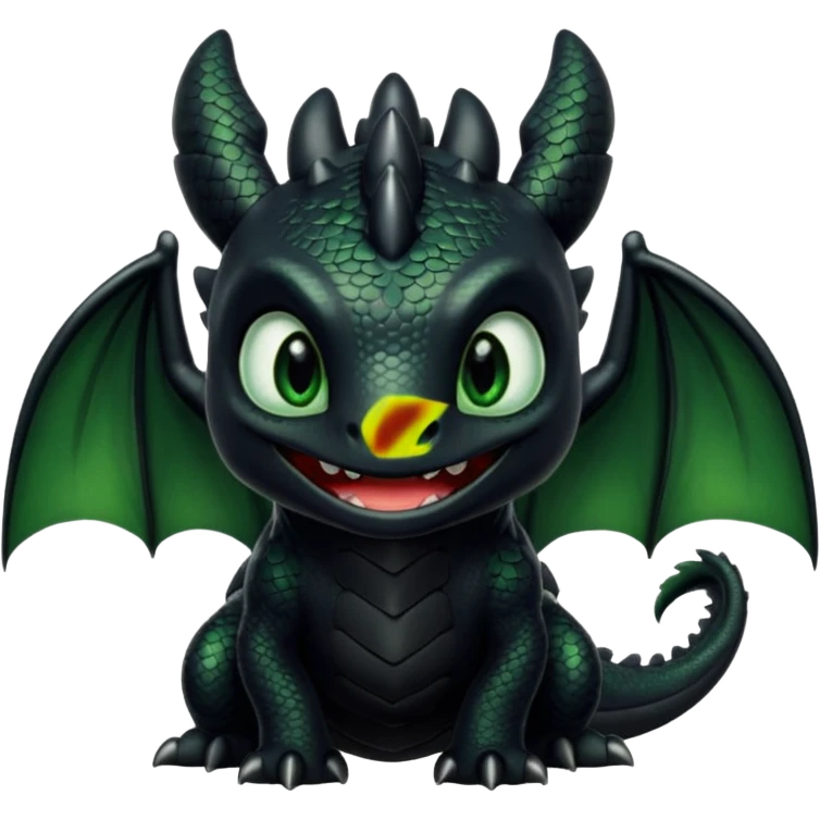 Dragon, toothless in how to train your dragon, black skin, and green eyes, cute  emoji