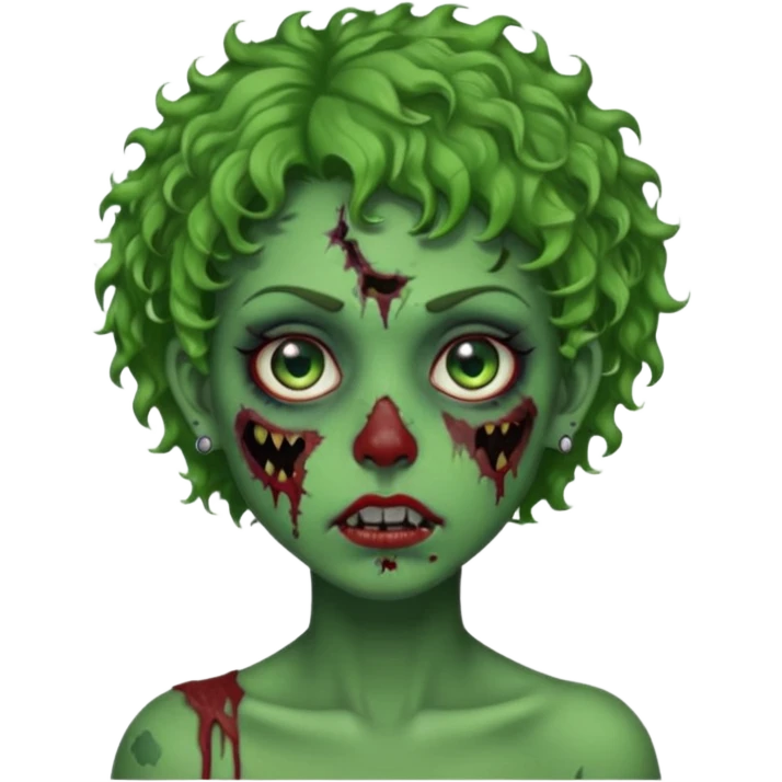 faça uma cabeça verde de zumbi femenina, com im cabelo curtinho cacheado, piercing no nariz, e brincos na orelha emoji