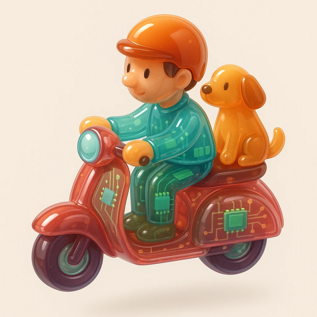 man and his pet dog riding a vespa emoji