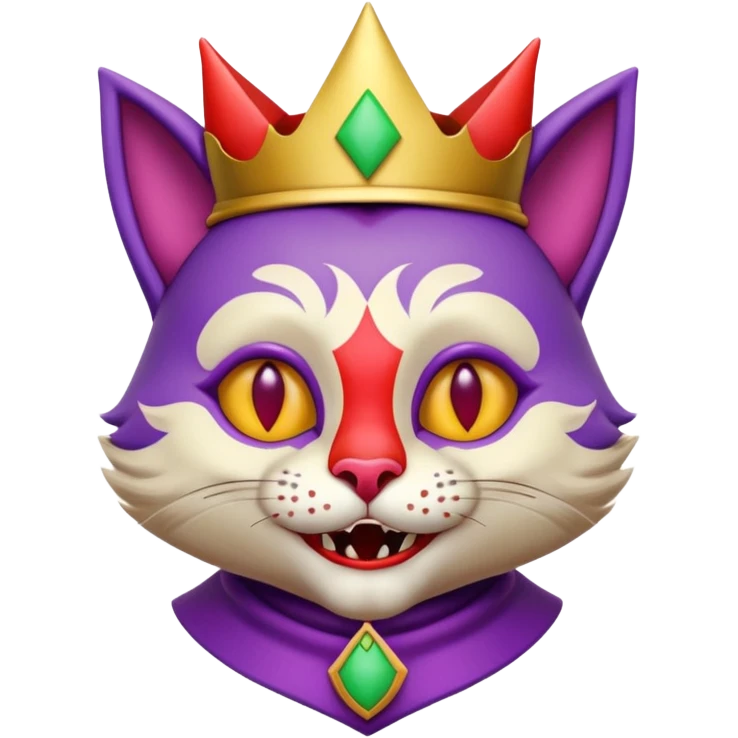 crazy colorful cute little cat jolly joker from poker, medieval, vintage, court jester, mac os icon, purple, gold and red color, half body. Squared shape as 3D mac os icon, symmetrical emoji