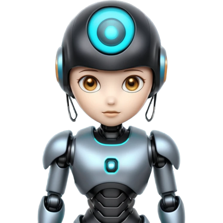 Cute futuristic chibi humanoid robot with large rounded head, add text on chest "LMX", glossy black and grey metal body, glowing cyan and amber eyes, visible joints, confident pose, white background, high-detail 3D render,  emoji
