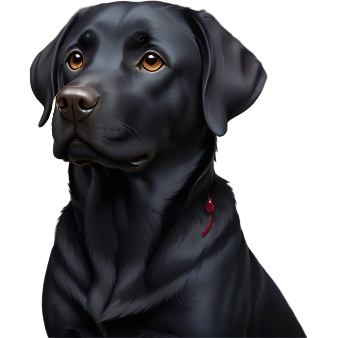 Cinematic Noble Black Labrador Portrait Emoji, Poised and regal, with a robust, muscular build and a sleek, shiny pure black Fur, deep-set soulful brown eyes, Simplified yet sharp and sophisticated features, highly detailed, glowing with a soft, dignified glow, high shine, intelligent and gentle, stylized with an air of confidence, focused and attentive, soft glowing outline, capturing the essence of a watchful and loving companion, so majestic it feels as though it could bound out of the screen with effortless authority! emoji