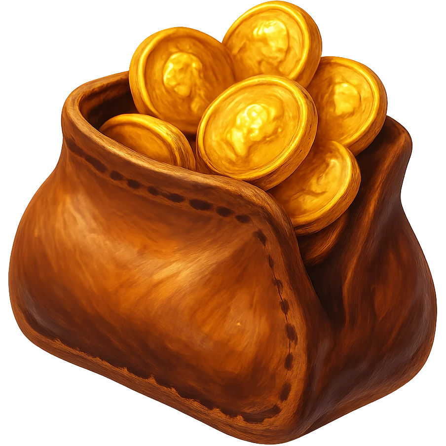 В cлегка рисованной, но при этом объемной и яркой стилистике сгенерируй картинку кожаного кошелька, из которого торчат натуральные фотореалистичные золотые монеты. Они должны выглядеть не как пластмассовые, а как настоящее золото. Прозрачный фон emoji