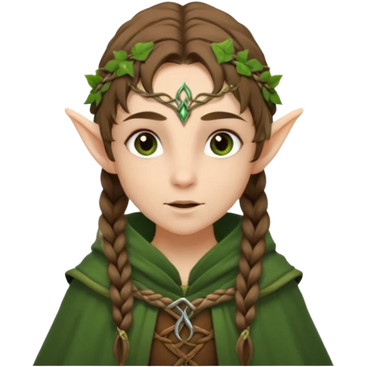 forest elf, brown braid, green cloak, gentle expression emoji