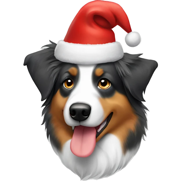 Head of Australian Shepherd dog with a Christmas hat on his head emoji