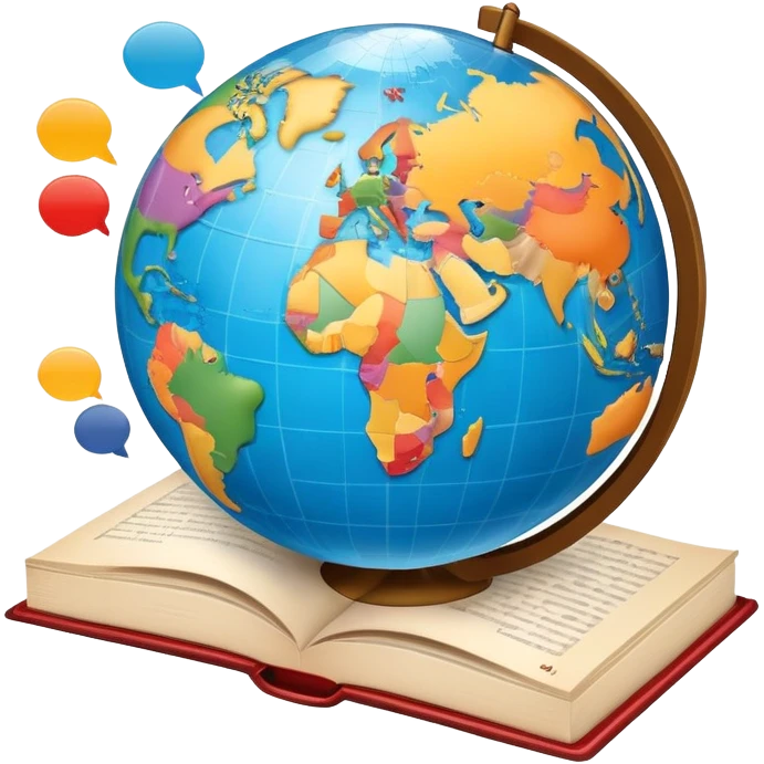 An icon featuring a globe with speech bubbles in different languages, symbolizing the study of foreign languages. The design includes a book and a pencil, representing learning and communication across cultures. Transparent background highlights the global nature of language education. emoji