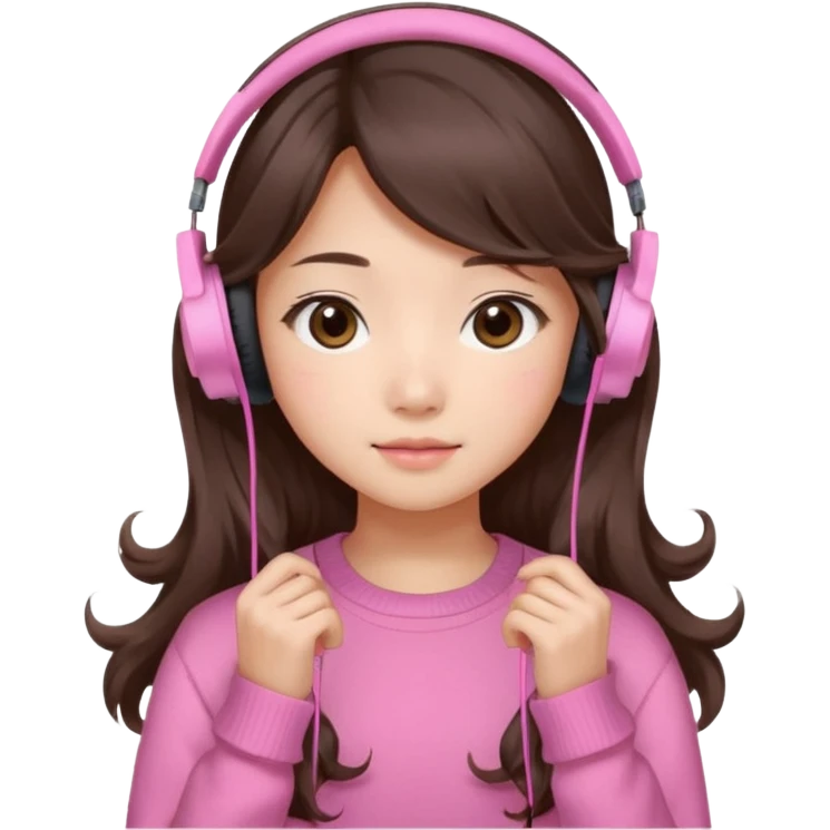 a asian japanese girl with wavy long silky brown hair and no bangs. she has a cute pink gaming headphones. she is wearing a cute pink sweater  emoji
