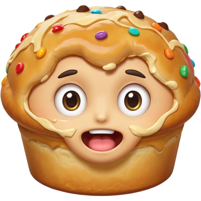 Funny cartoon mini pastry, slightly messy and squished, big round eyes, wide open mouth, playful surprised expression, text above: "ПАСТИЧКА", chibi style, Twitch emoji style, transparent background, colorful

 emoji