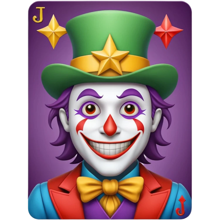 1 poker card, perfectly squared card, with crazy colorful human jolly joker inside, star symbol with a "J" emoji