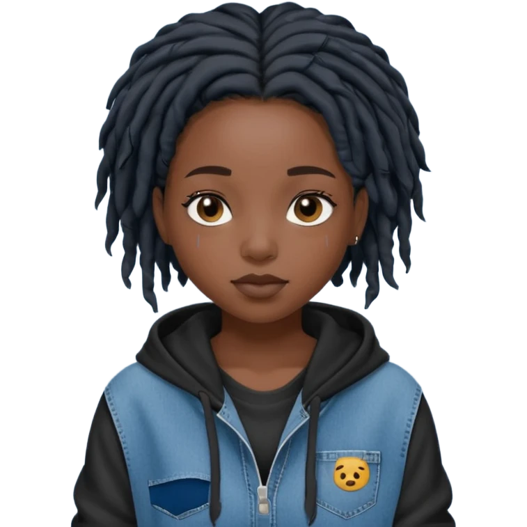 make a black girl with short pitch black locs wearing a denim hoodie with black sleeves emoji