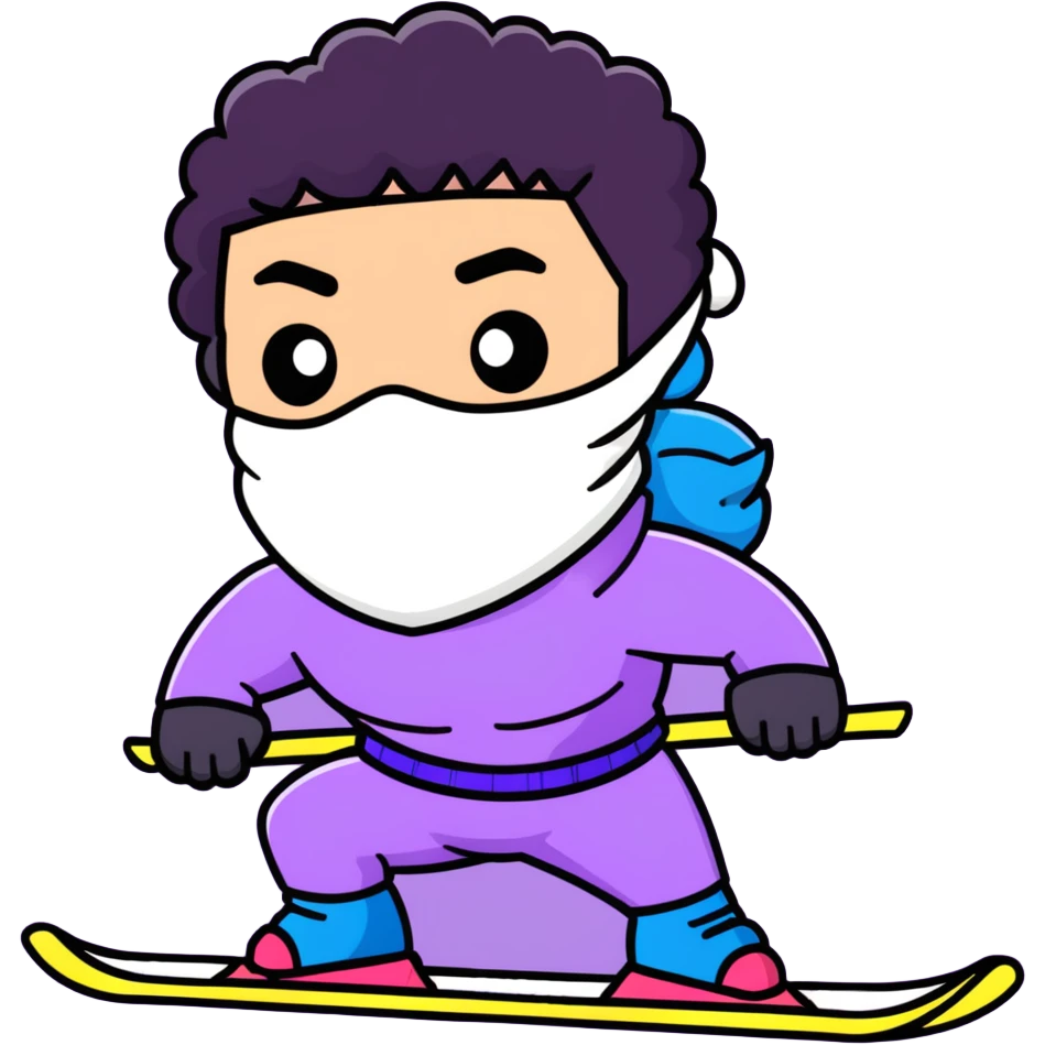 shirtless athletic man with white skin and black curly hair, wearing a purple ski mask emoji