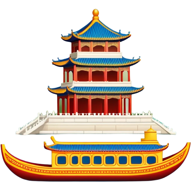 Summer Palace Beijing with marble boat, simplified emoji style with bold outlines and bright colors, cartoon style traditional Chinese palace on lake emoji