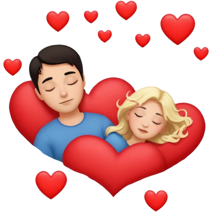 Sleeping romance couple. man has dark hair. woman is blonde. hearts surrounding them. no third person. emoji